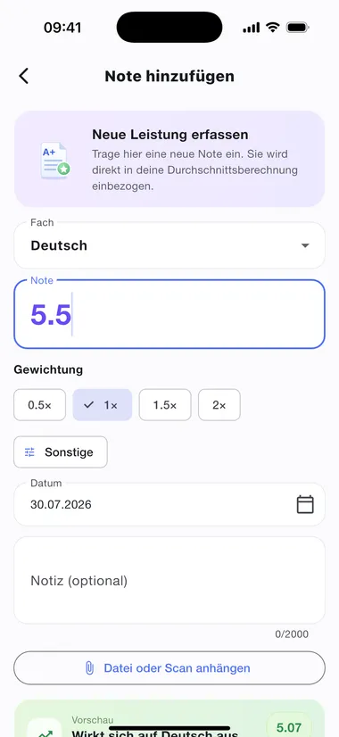 Note erfassen: Wert, Faktor, Datum und Auswirkungsvorschau