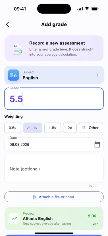 Adding a grade: value, factor, date and a preview of the effect
