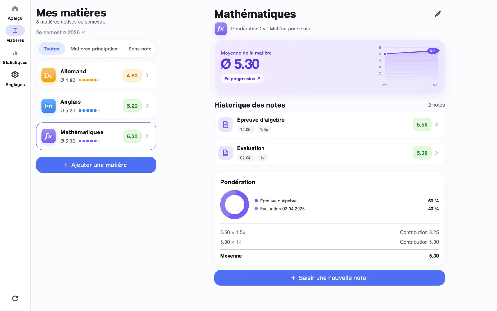 Schuno sur Mac : liste des matières et détail des mathématiques côte à côte