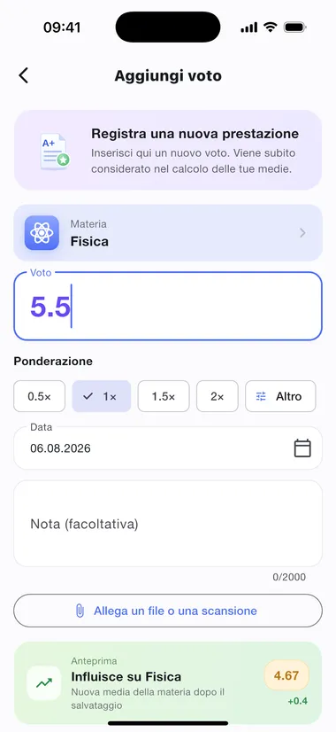 Registra un voto: valore, fattore, data e anteprima dell'effetto